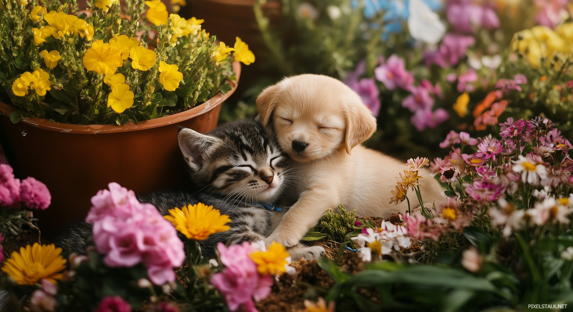 Master Paws Sales Store -Master Paws Sales Store Cute kitten and puppy playing in a garden colorful flowers in the background